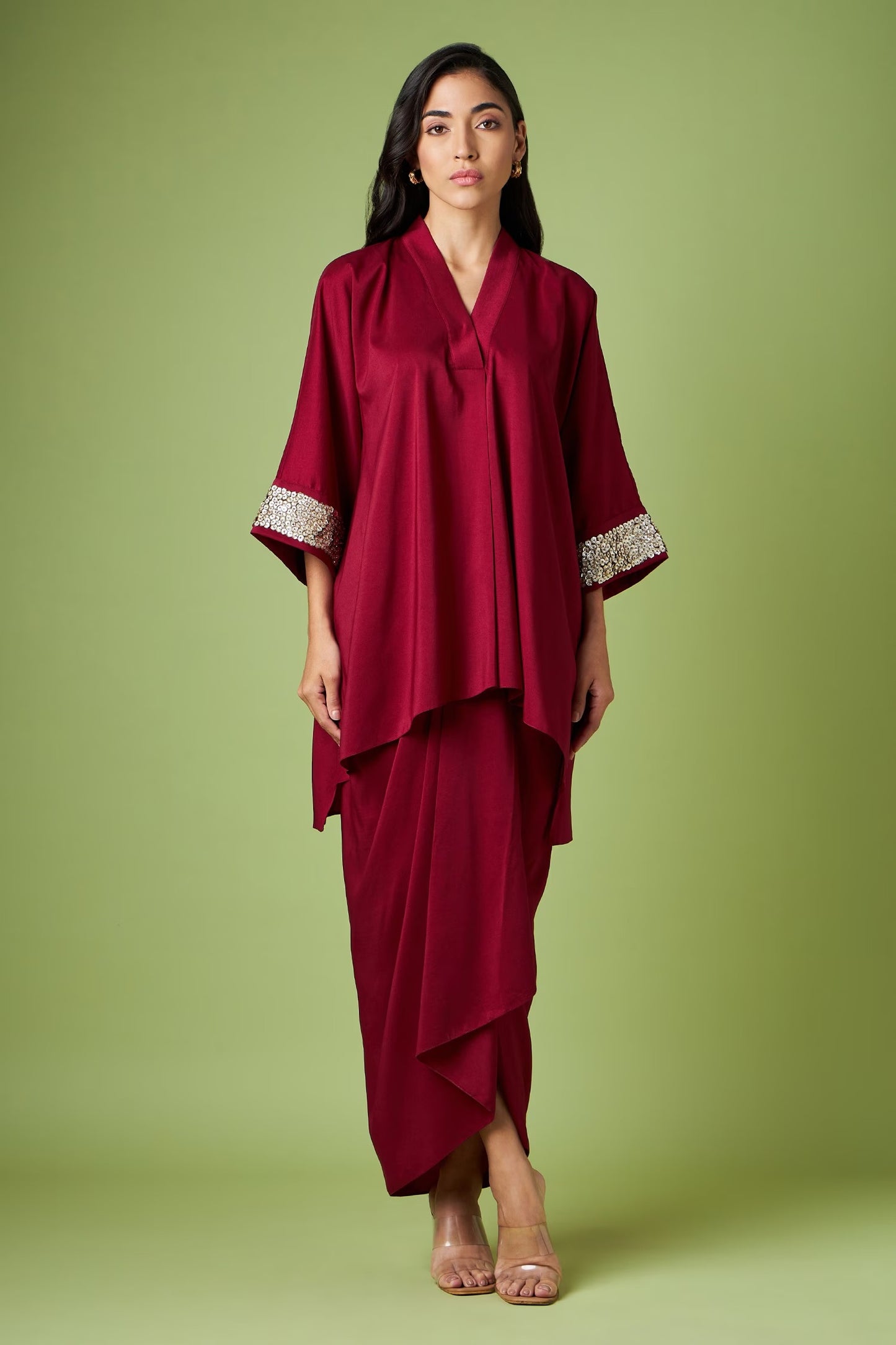 Maroon Cotton Silk Sequin Embellished V-Neck Tunic with Draped Asymmetric Skirt