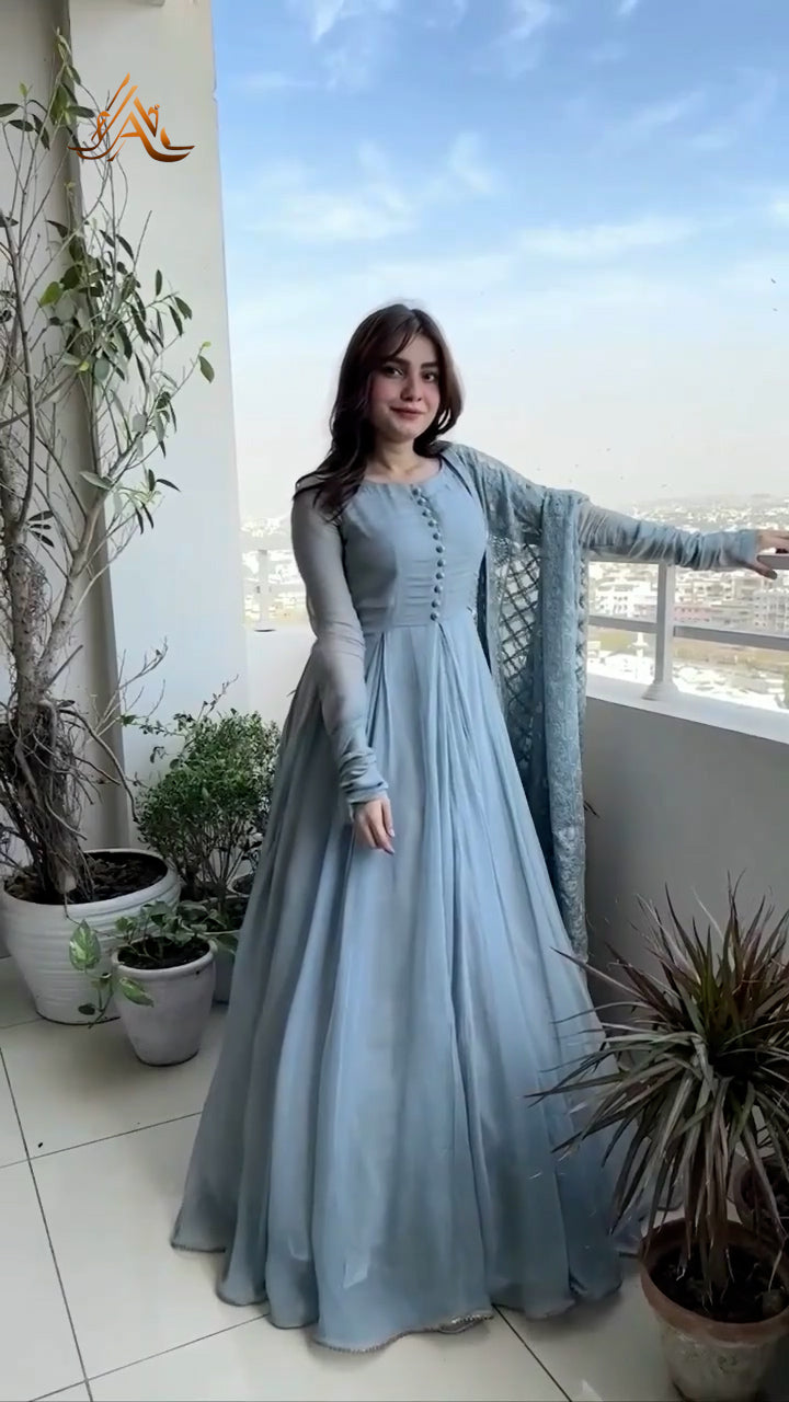 Elysia - Enchanting Gray Crinkle Chiffon with Kataan Silk Lining and Embroidered Dupatta
