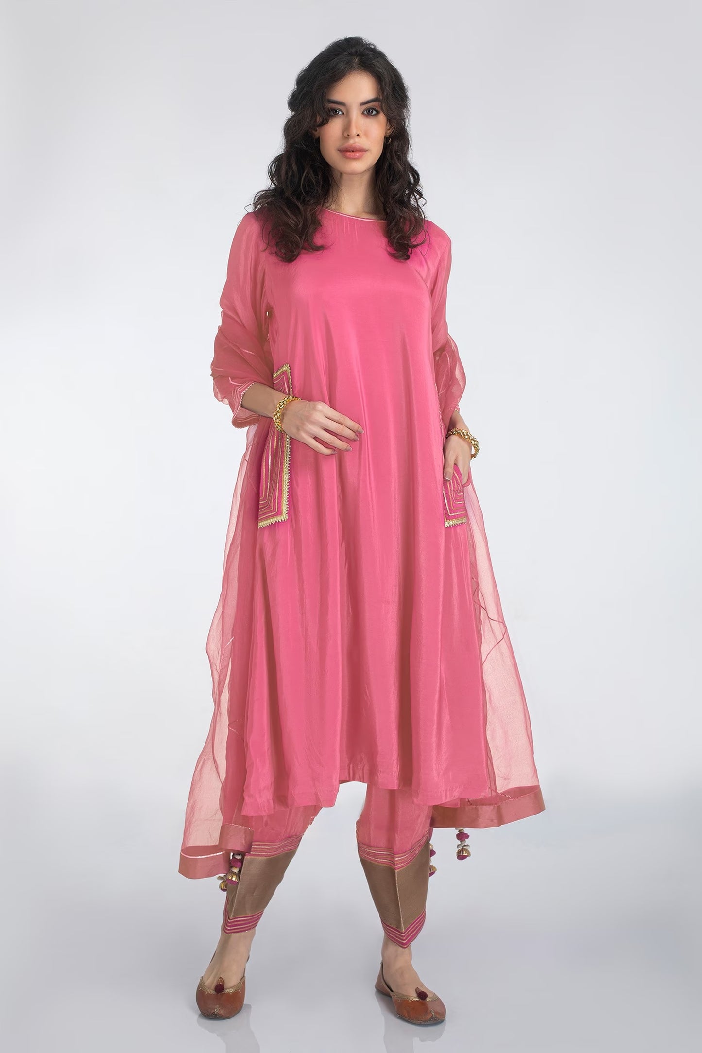 Taffy Pink Upara Silk A-Line Kurta Salwar Set with Gota Patti & Organza Dupatta