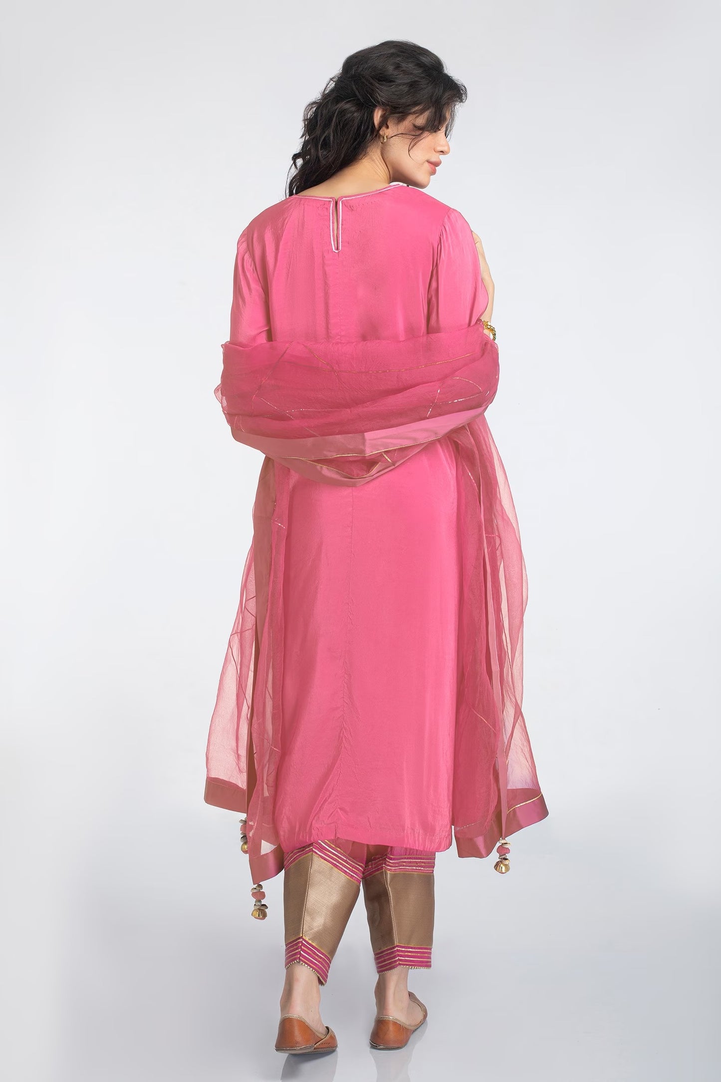 Taffy Pink Upara Silk A-Line Kurta Salwar Set with Gota Patti & Organza Dupatta