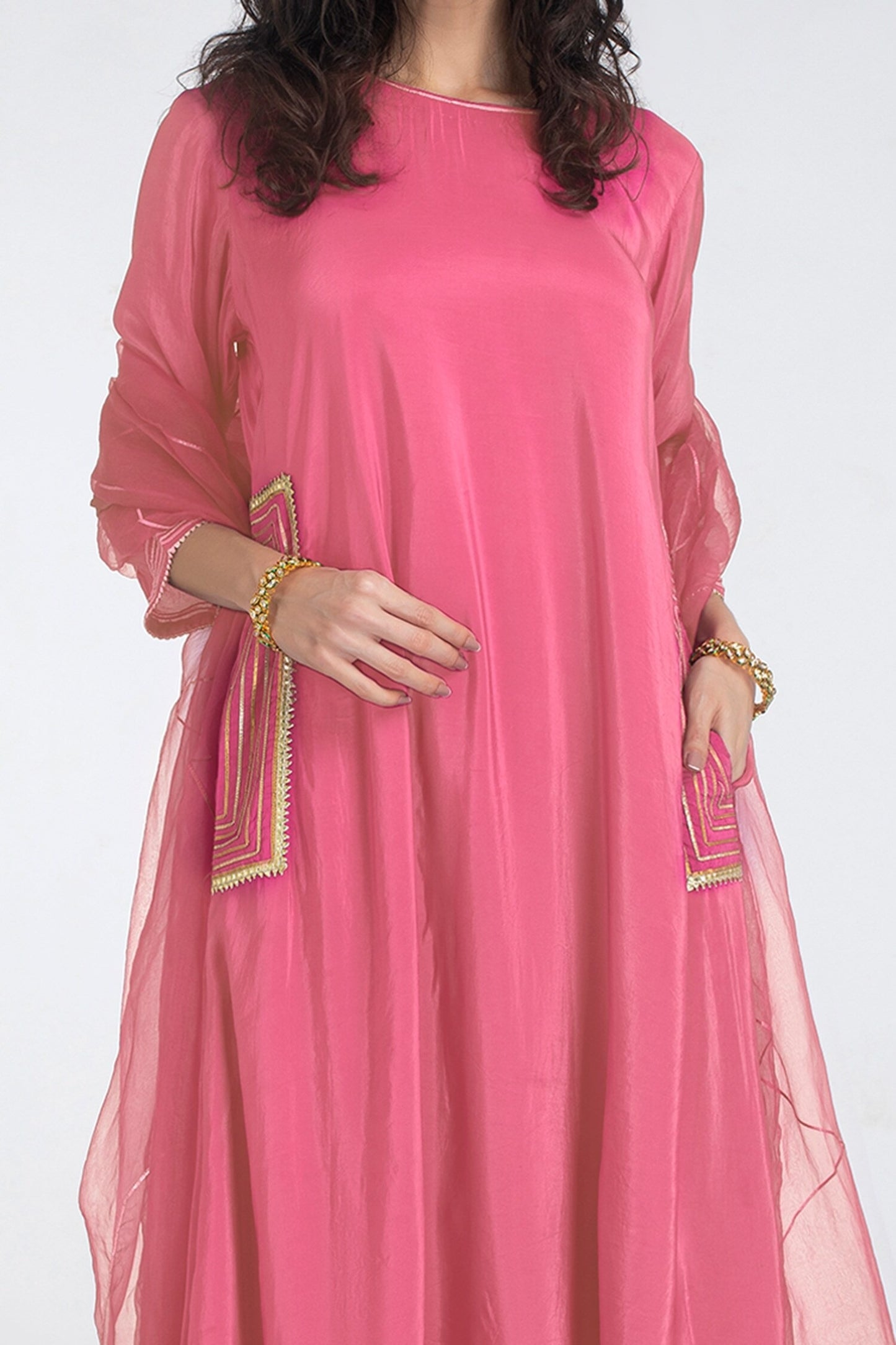 Taffy Pink Upara Silk A-Line Kurta Salwar Set with Gota Patti & Organza Dupatta