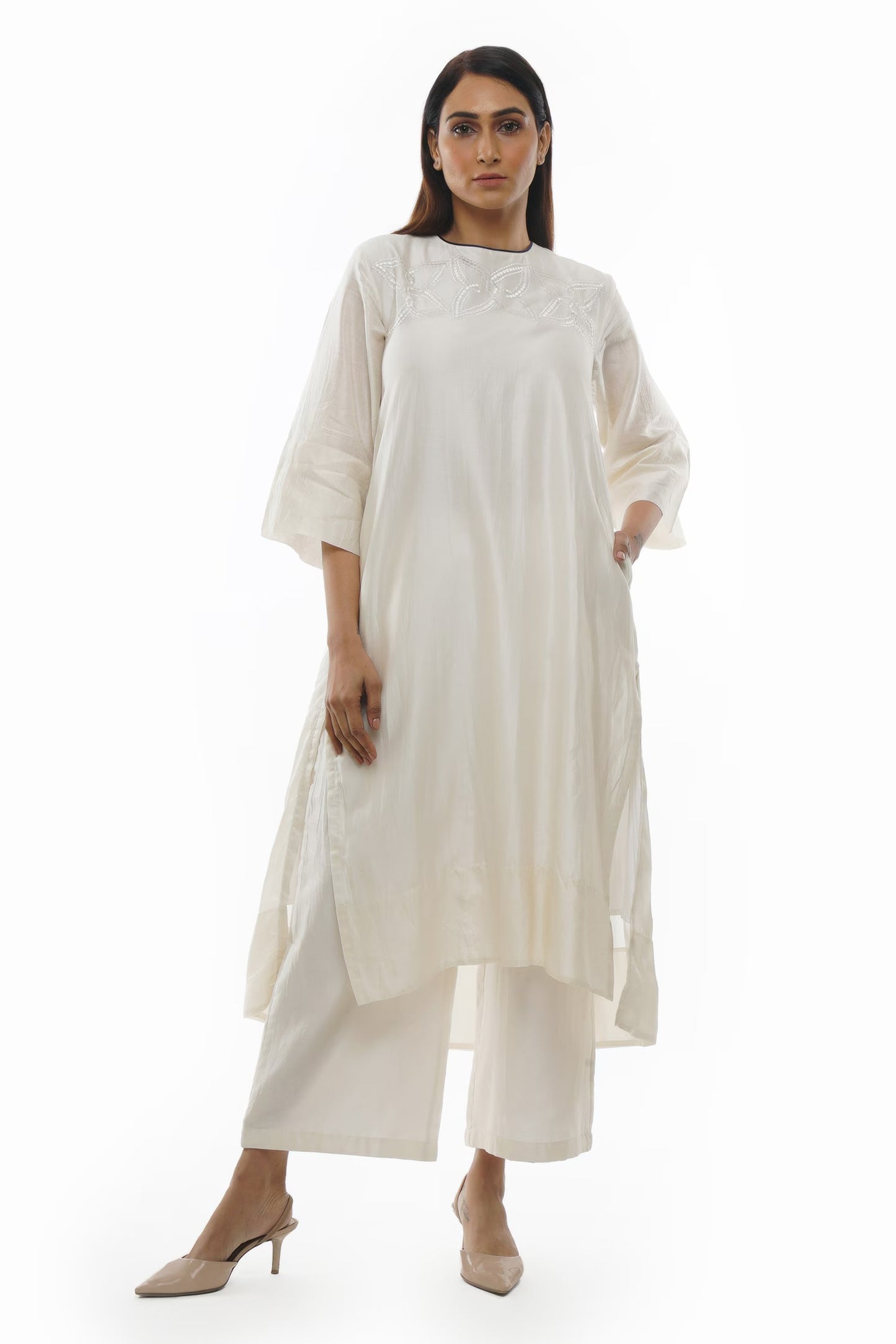 White Chanderi Cotton Silk Embroidered Tunic with Back Pleats & Matching Pants