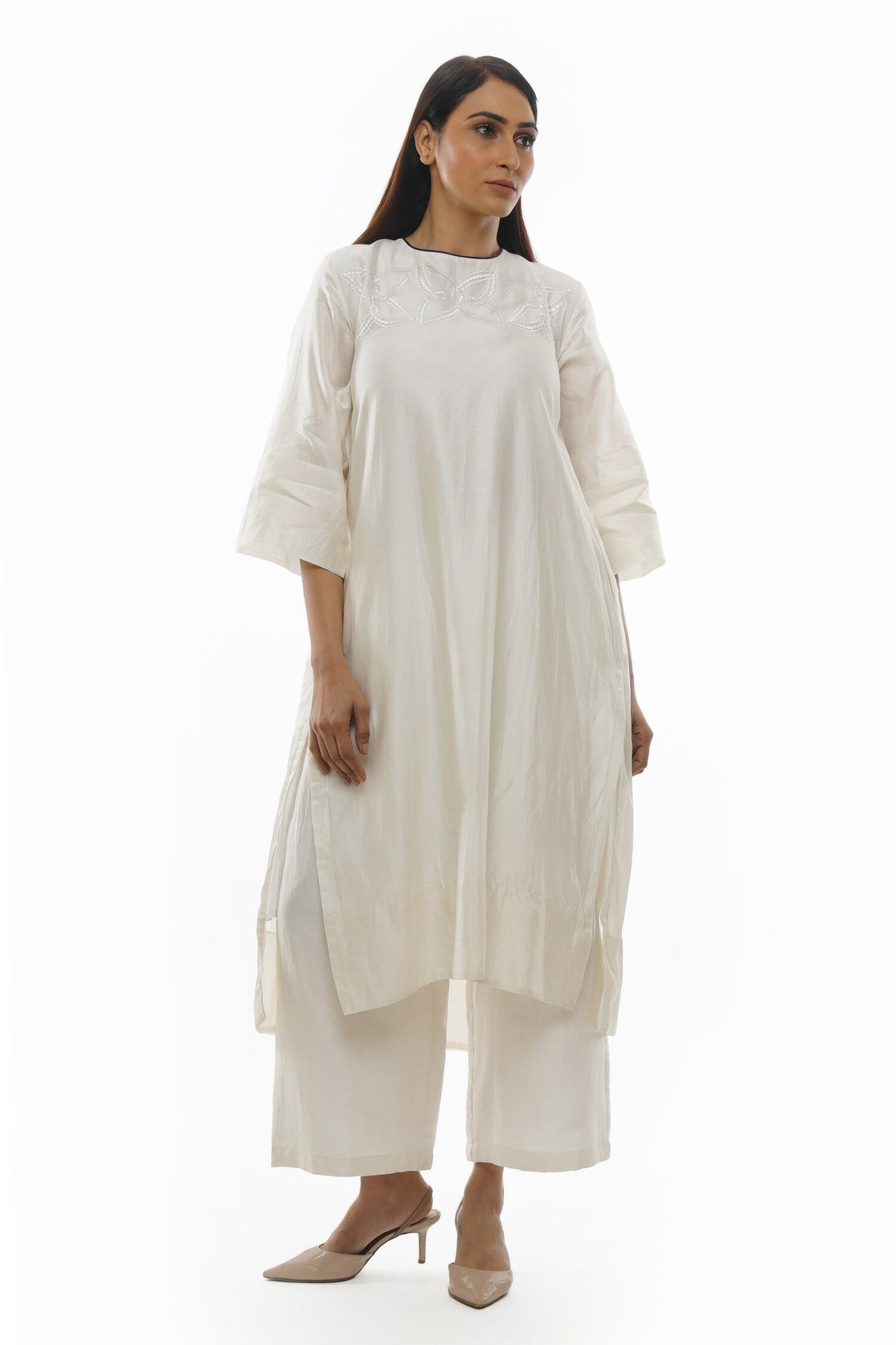 White Chanderi Cotton Silk Embroidered Tunic with Back Pleats & Matching Pants