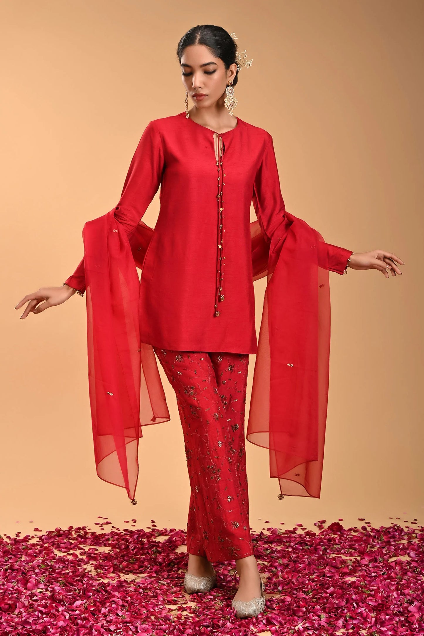 Red Raw Silk Embroidered Kurta Pant Set with Notched Round Neck & Dupatta
