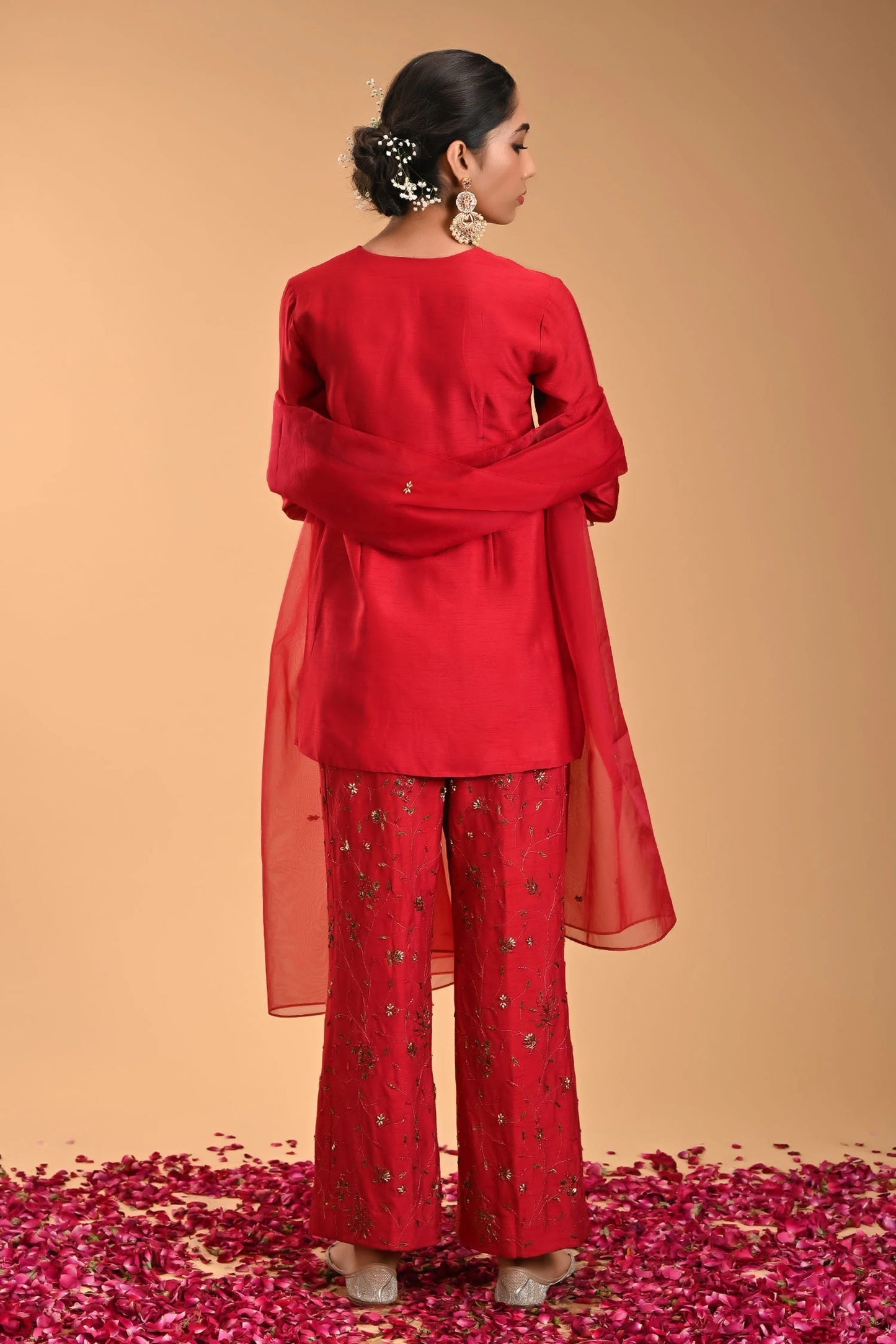 Red Raw Silk Embroidered Kurta Pant Set with Notched Round Neck & Dupatta