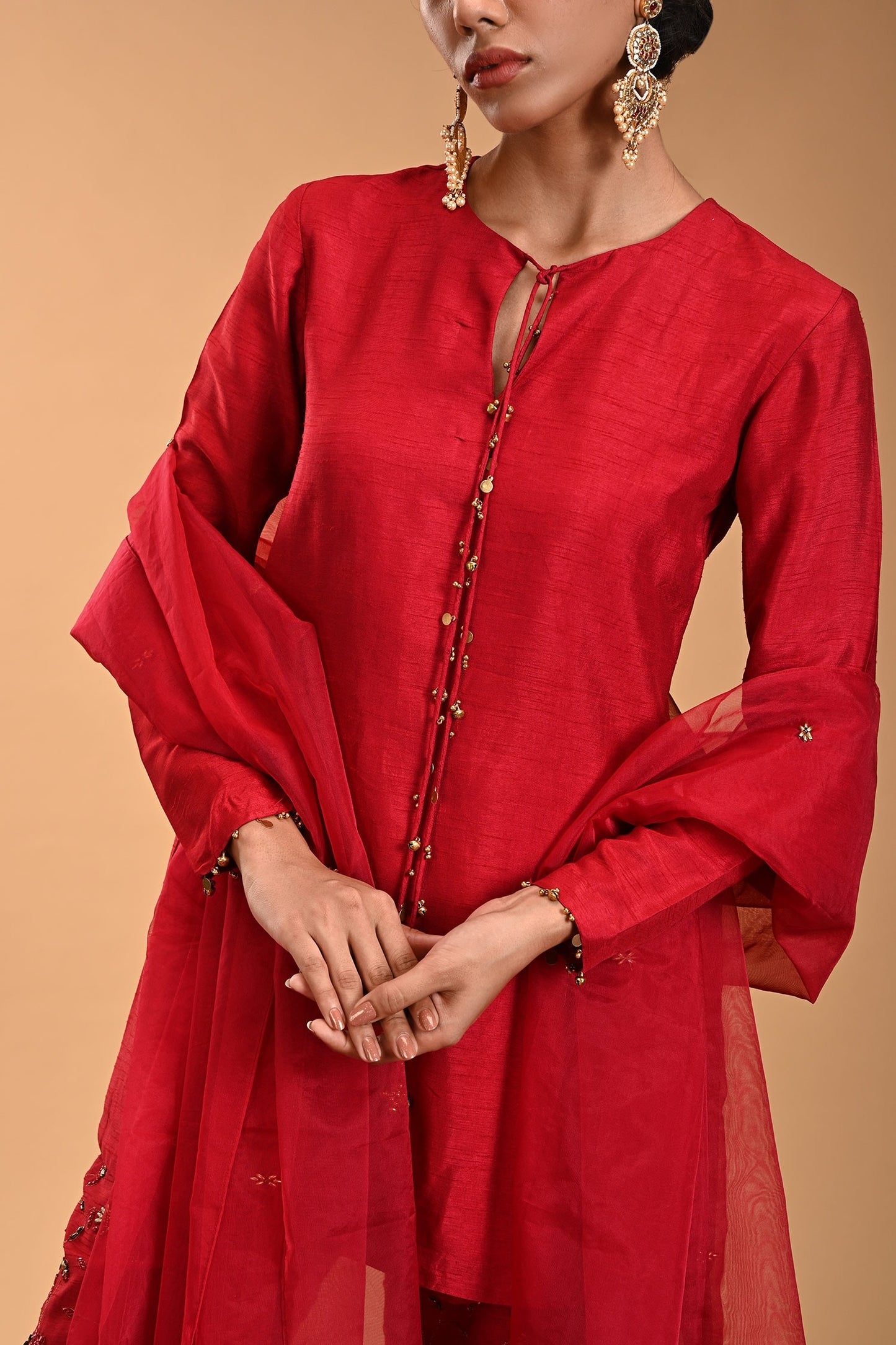 Red Raw Silk Embroidered Kurta Pant Set with Notched Round Neck & Dupatta