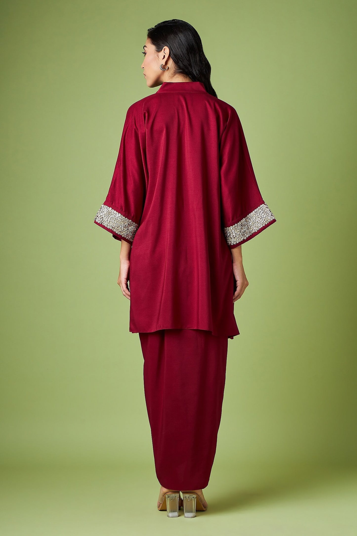 Maroon Cotton Silk Sequin Embellished V-Neck Tunic with Draped Asymmetric Skirt