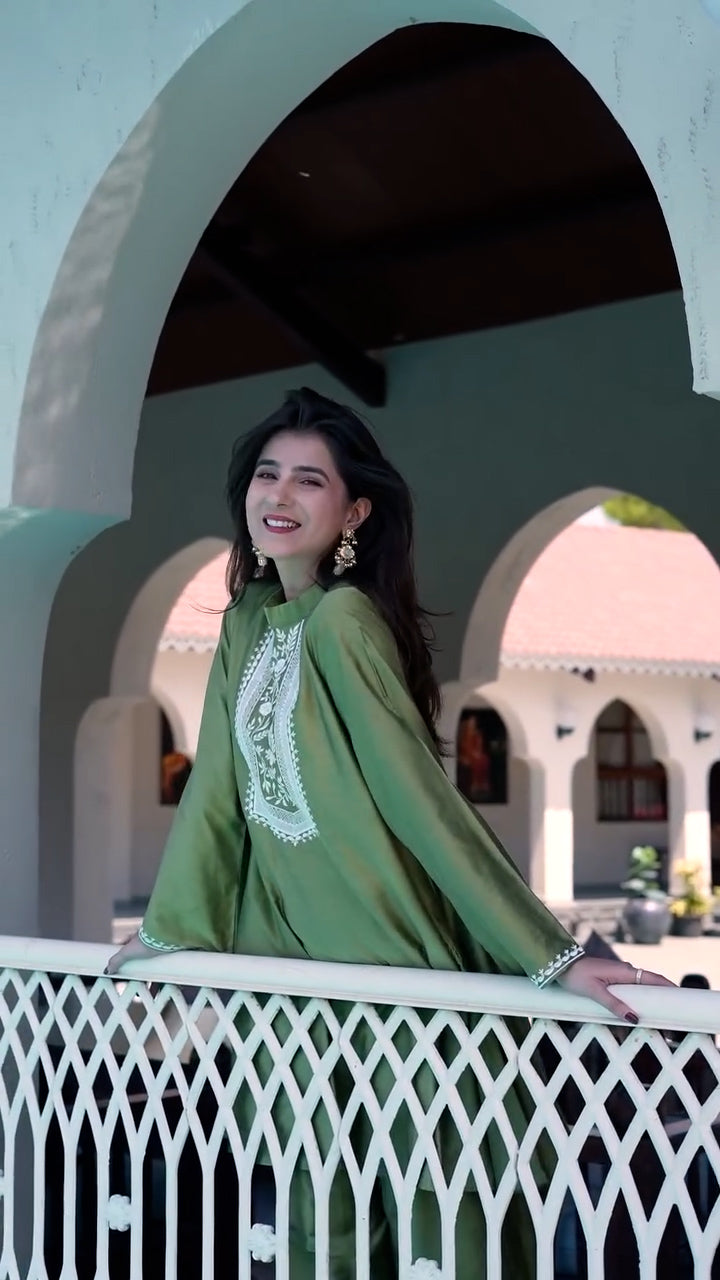 Liora - Timeless Grace in Olive Raw Silk with Exquisite Thread Embroidery (2PC)