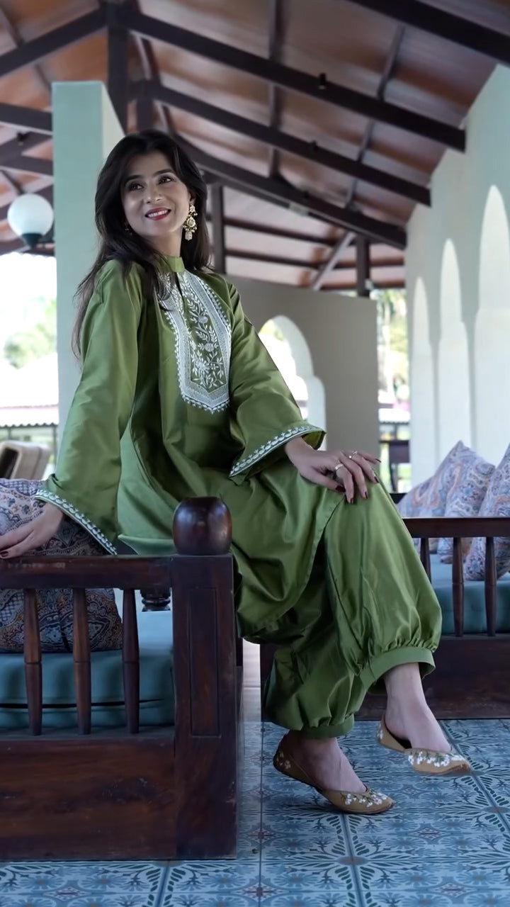 Liora - Timeless Grace in Olive Raw Silk with Exquisite Thread Embroidery (2PC)