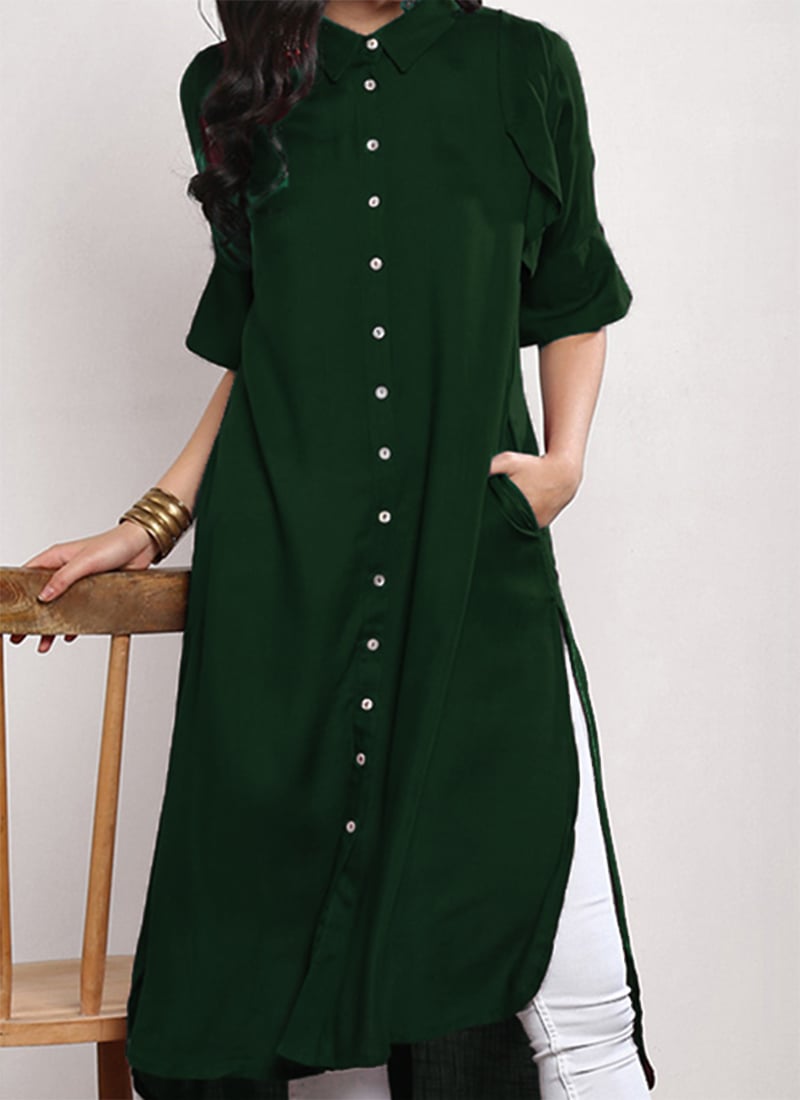 Elegant Bottle Green Rayon Kurta with White Straight Pants
