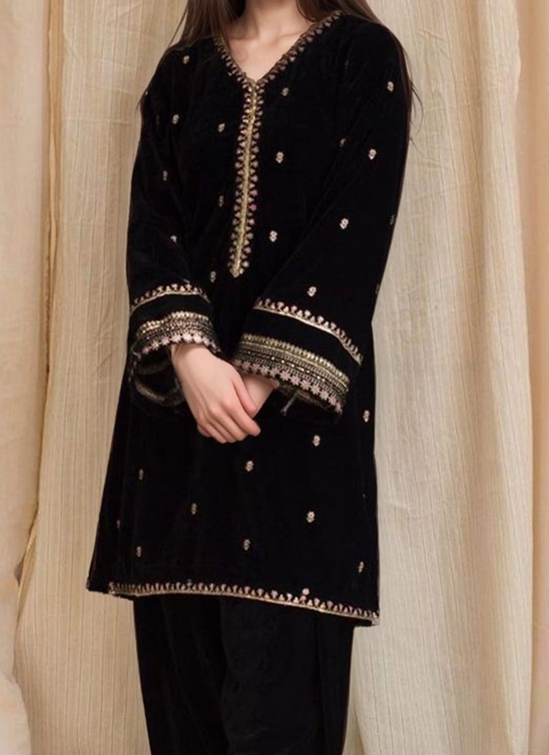 Black Velvet Zari Hand Embroidered Kurta Palazzo Set for Festive & Eid Wear