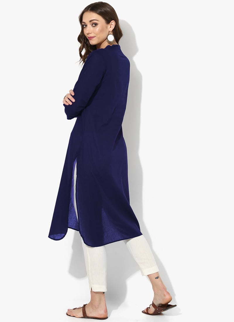 Blue Rayon Kurta with White Straight Pants Set for Work & Casual Wear