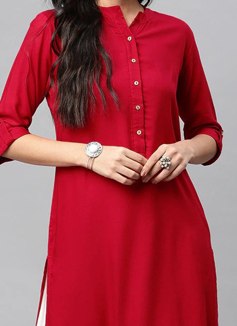 Crimson Red Solid Rayon Kurta Palazzo Set for Work & Casual Wear