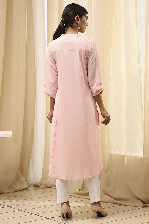 Light Pink Cotton Blend Straight Kurta with V-Neck