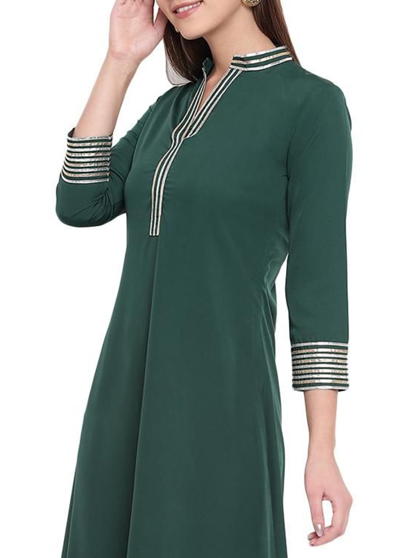 Green Rayon Kurta with Gold Leggings Set for Office & Casual Wear