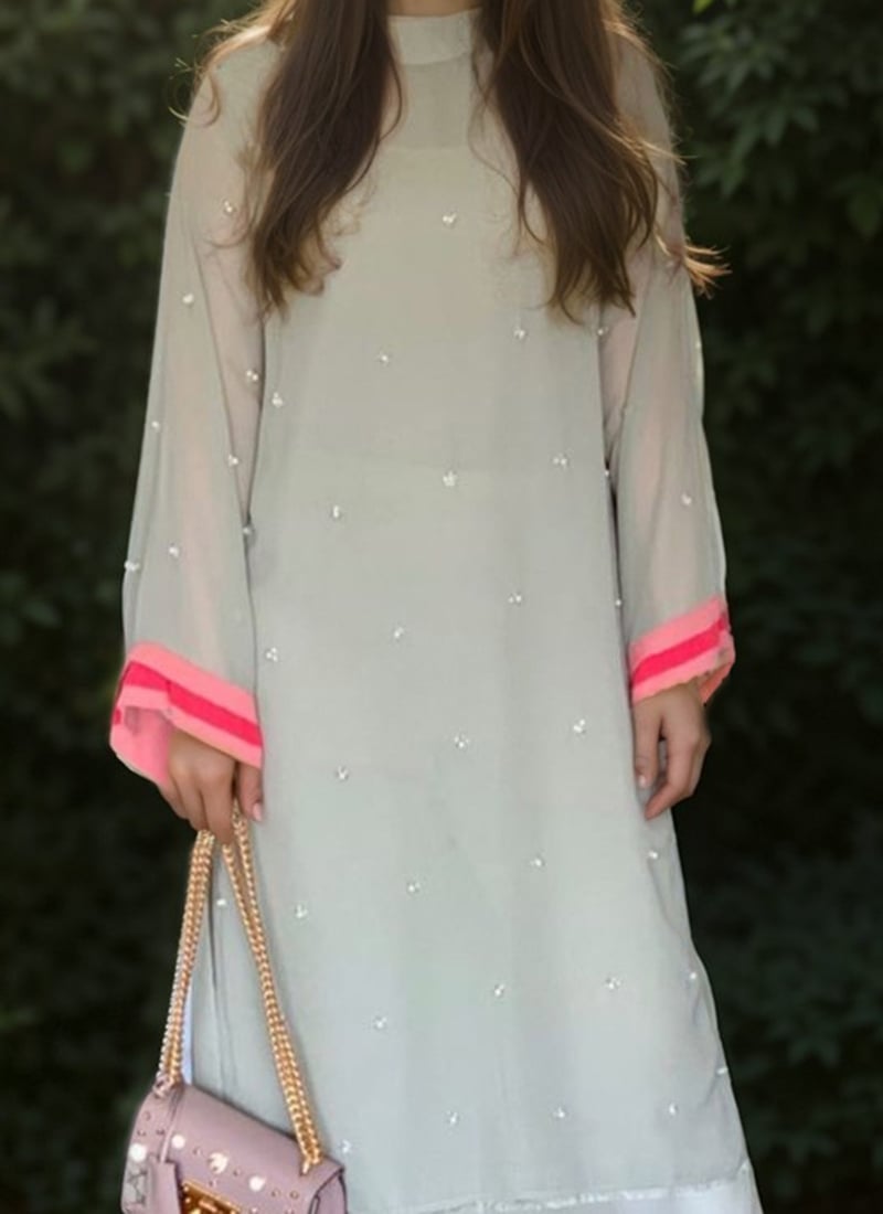 Grey Faux Georgette Cut Dana Hand Embroidered Kurta with Straight Silk Pants