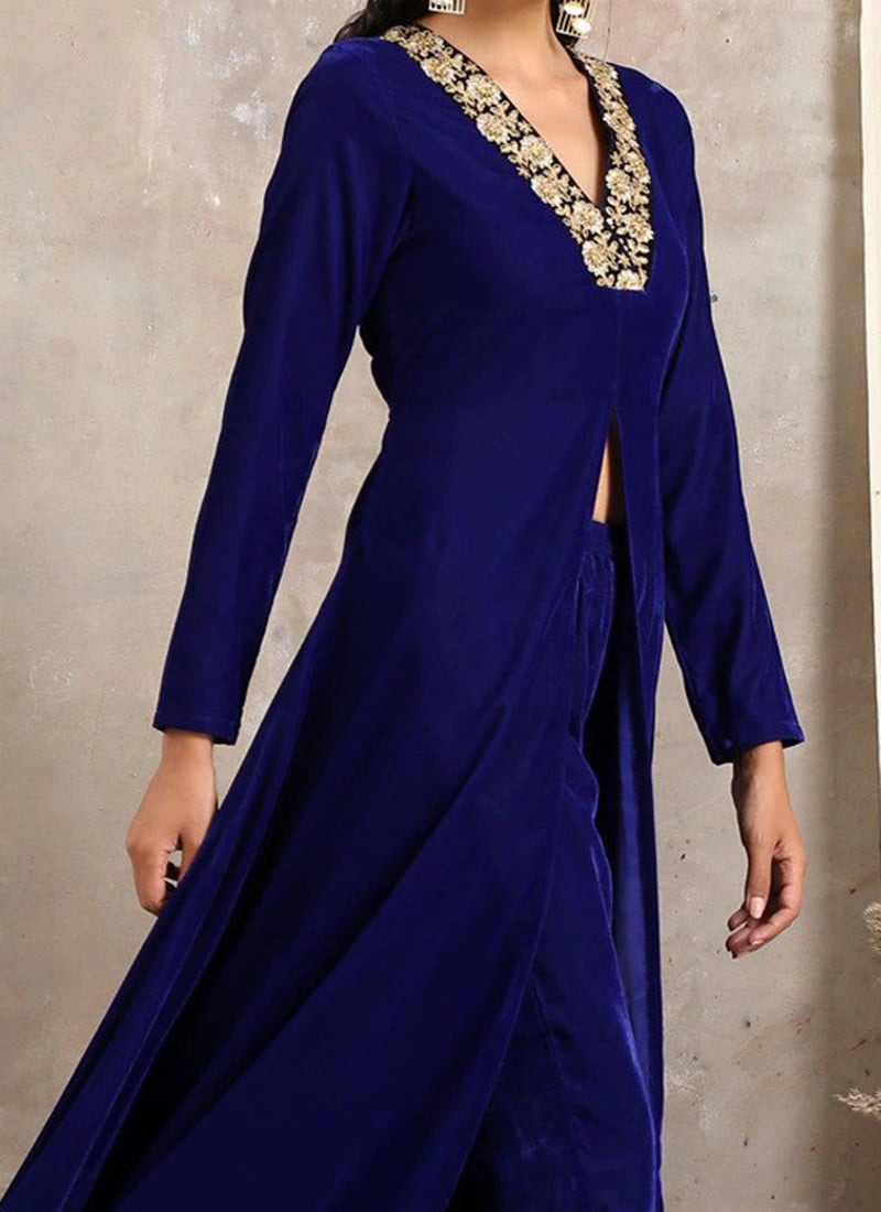 Royal Blue Velvet Embroidered Gaun Straight Pant Set for Work & Semi-Formal Wear