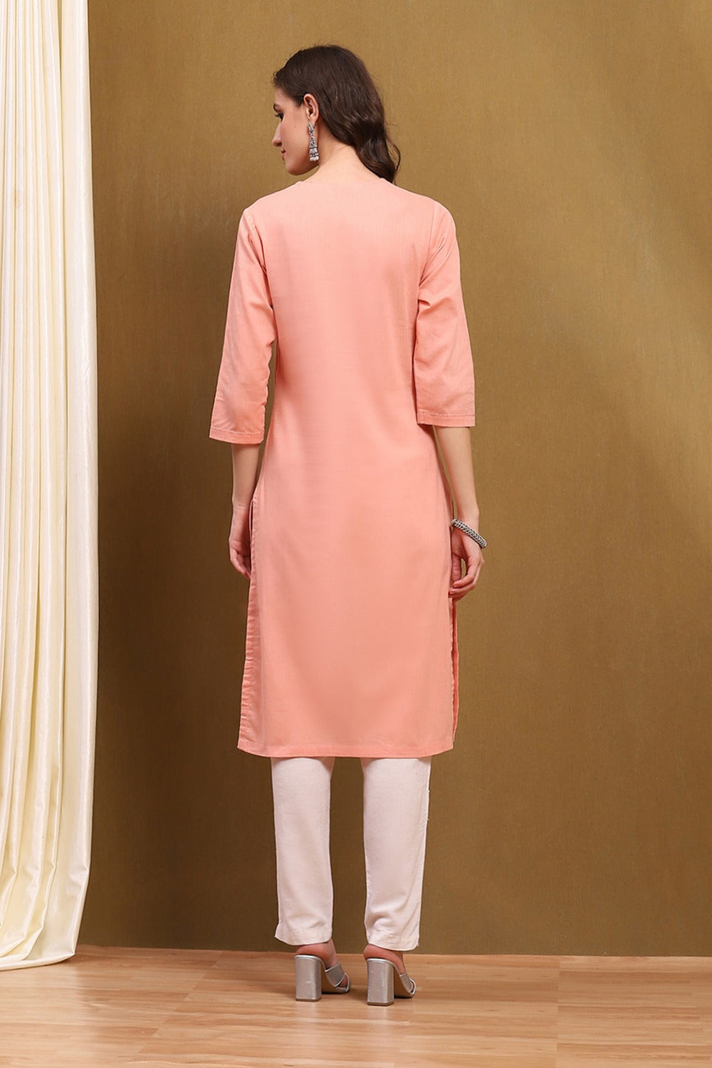 Peach Cotton Blend Straight Kurta with V-Neck & Lace Detailing