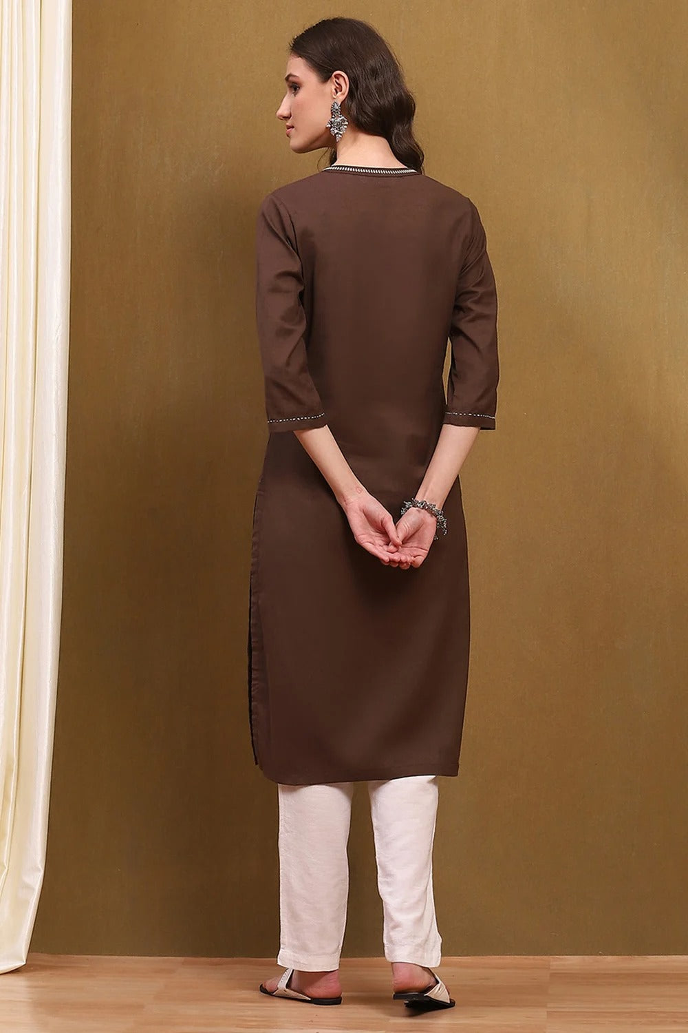 Brown Cotton Blend Straight Kurta with Band Collar