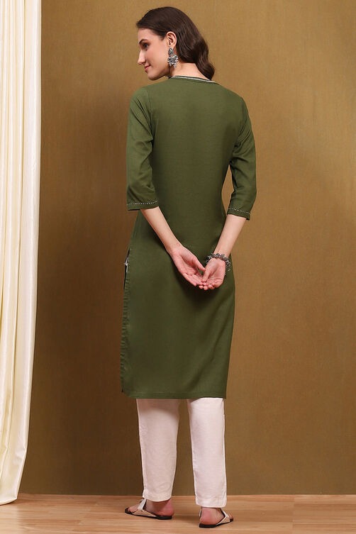 Green Cotton Blend Straight Kurta with Threadwork & Front Slit