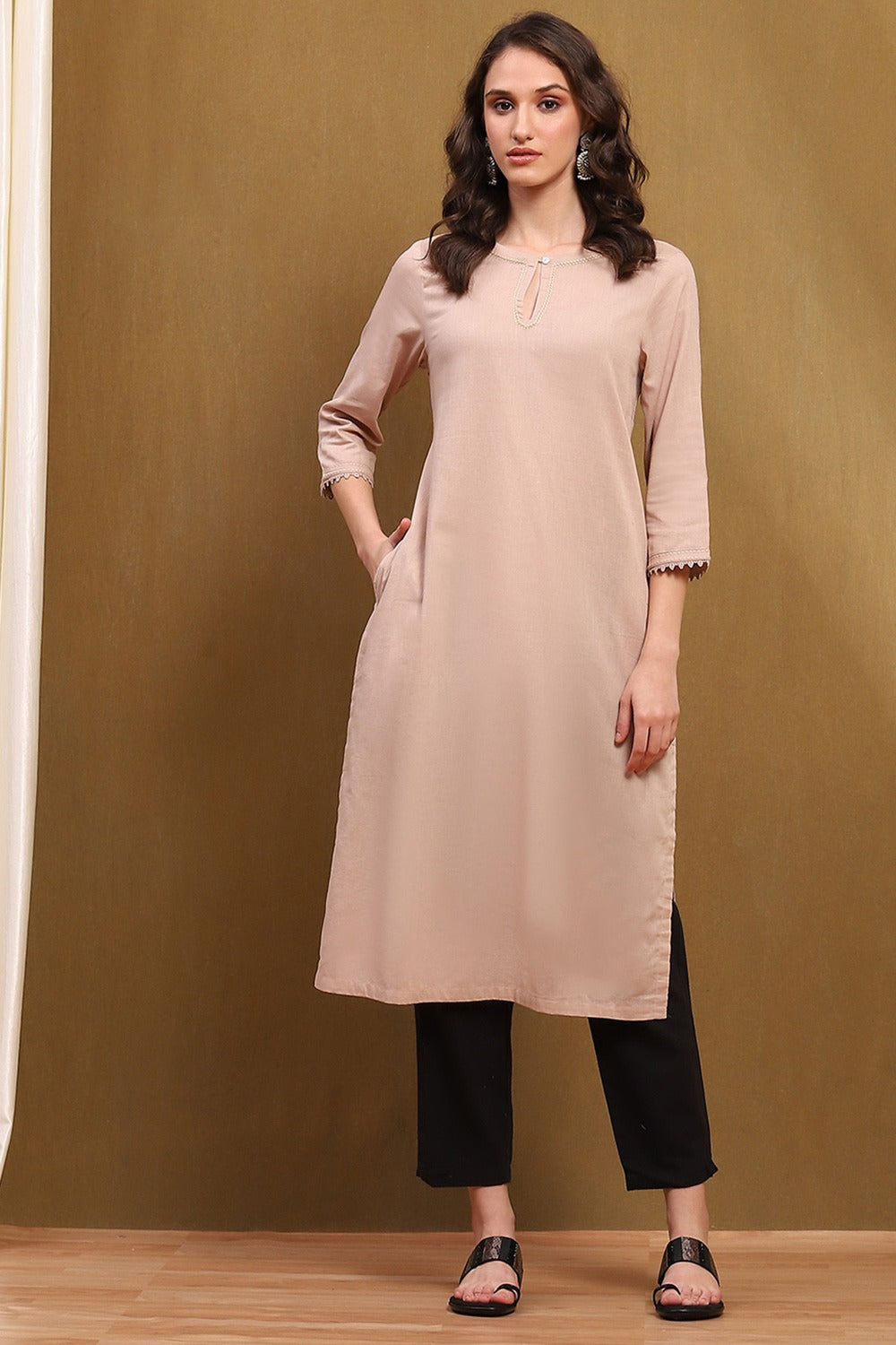 Beige Cotton Blend Straight Kurta with Threadwork & Lace Detailing