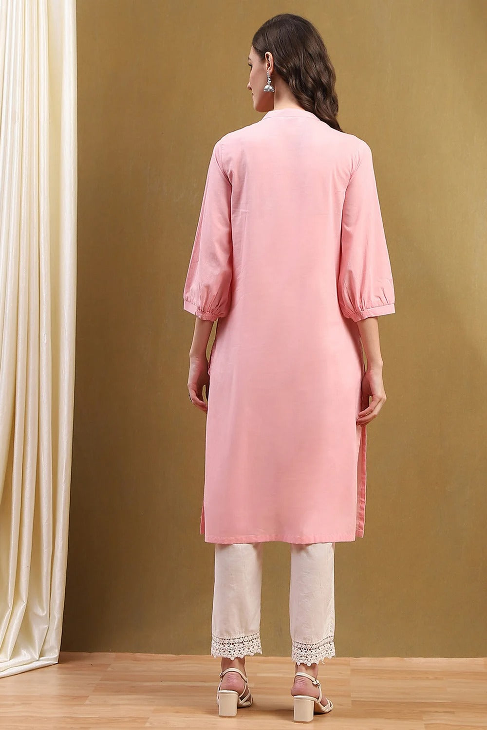 Blush Pink Cotton Straight Kurta with Schiffli Detailing & Puff Sleeves