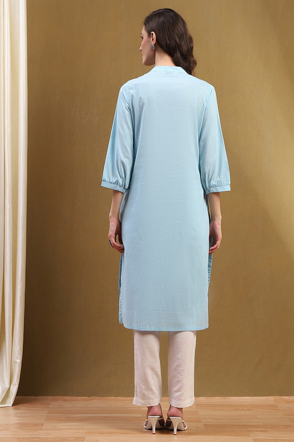 Ice Blue Cotton Straight Kurta with Schiffli Embroidery & Puff Sleeves