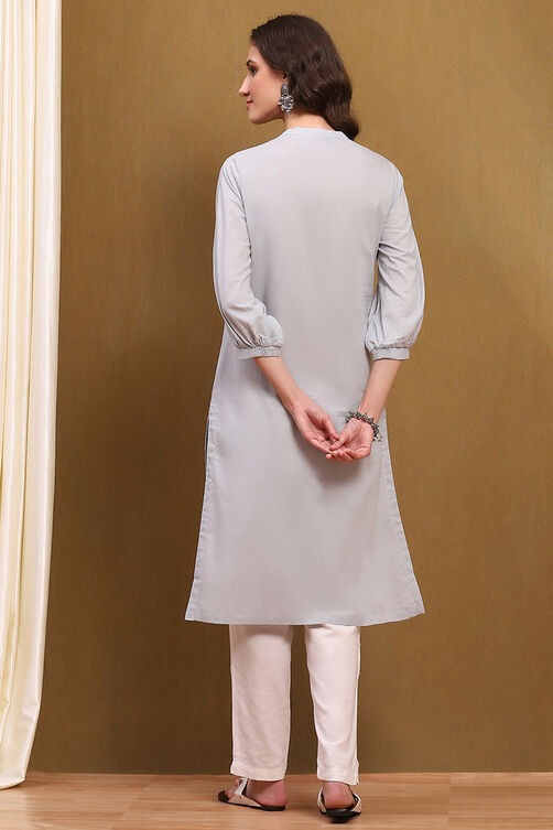 Steel Grey Cotton Straight Kurta with Schiffli Embroidery & Puff Sleeves