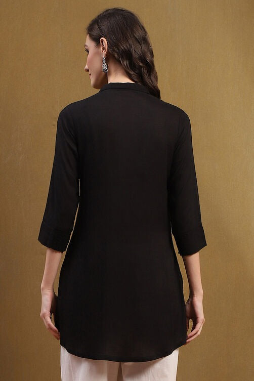 Black Rayon Straight Short Kurti with Shirt Collar & Button Detailing