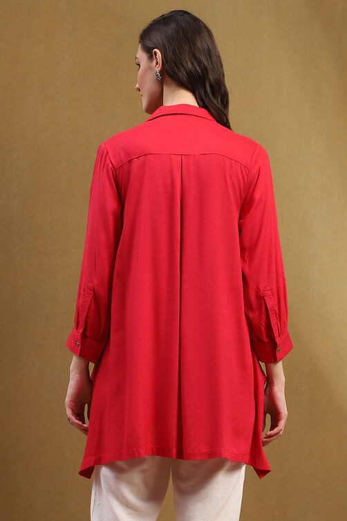 Tomato Red Rayon Asymmetric Short Kurta with Shirt Collar & Puff Sleeves