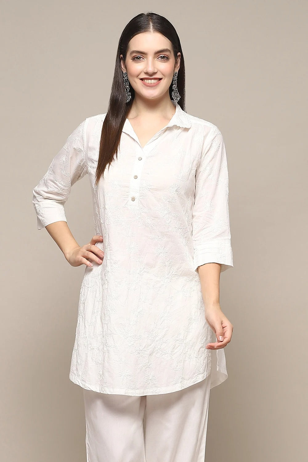 White Cotton Embroidered Short Kurta with Shirt Collar