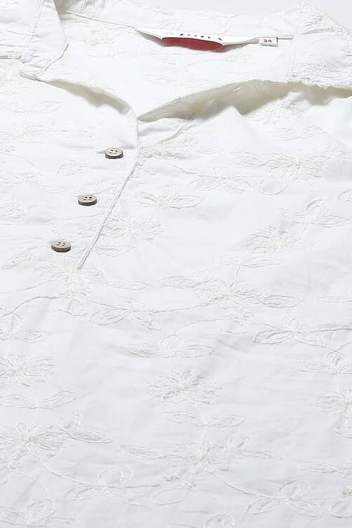 White Cotton Embroidered Short Kurta with Shirt Collar