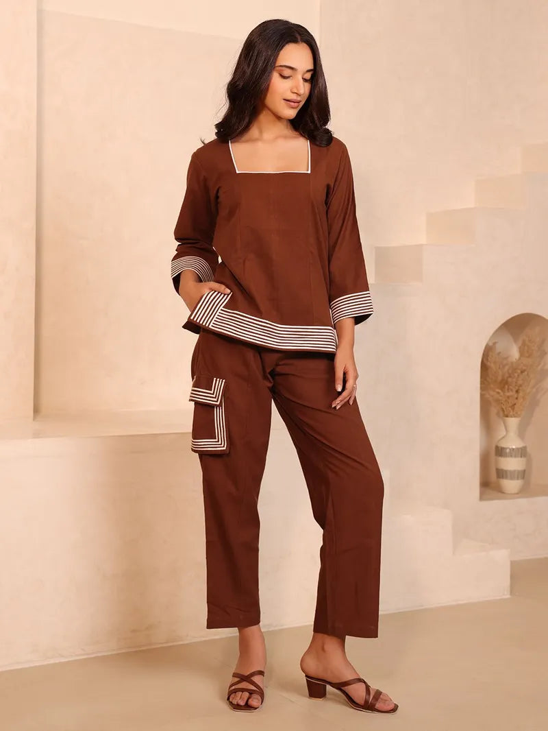 Brown Cotton Co-ords Set β Top & Trouser for Women