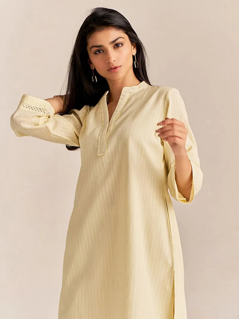 Lime Yellow Cotton Dobby Kurta & Pant Set