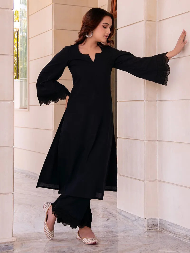 Black Cotton Kurta & Pant Set for Women
