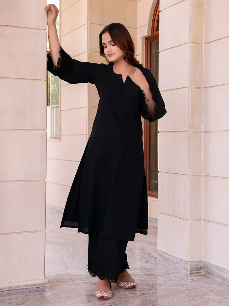 Black Cotton Kurta & Pant Set for Women