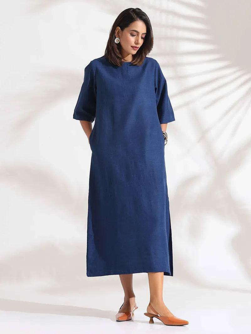 Blue Cotton Blend Midi Dress for Women