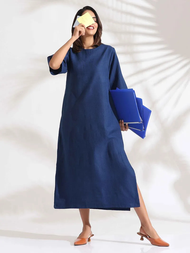 Blue Cotton Blend Midi Dress for Women