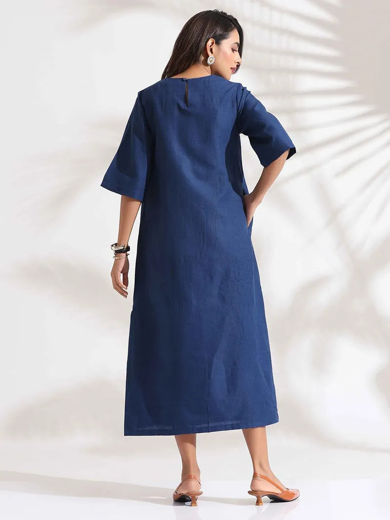 Blue Cotton Blend Midi Dress for Women