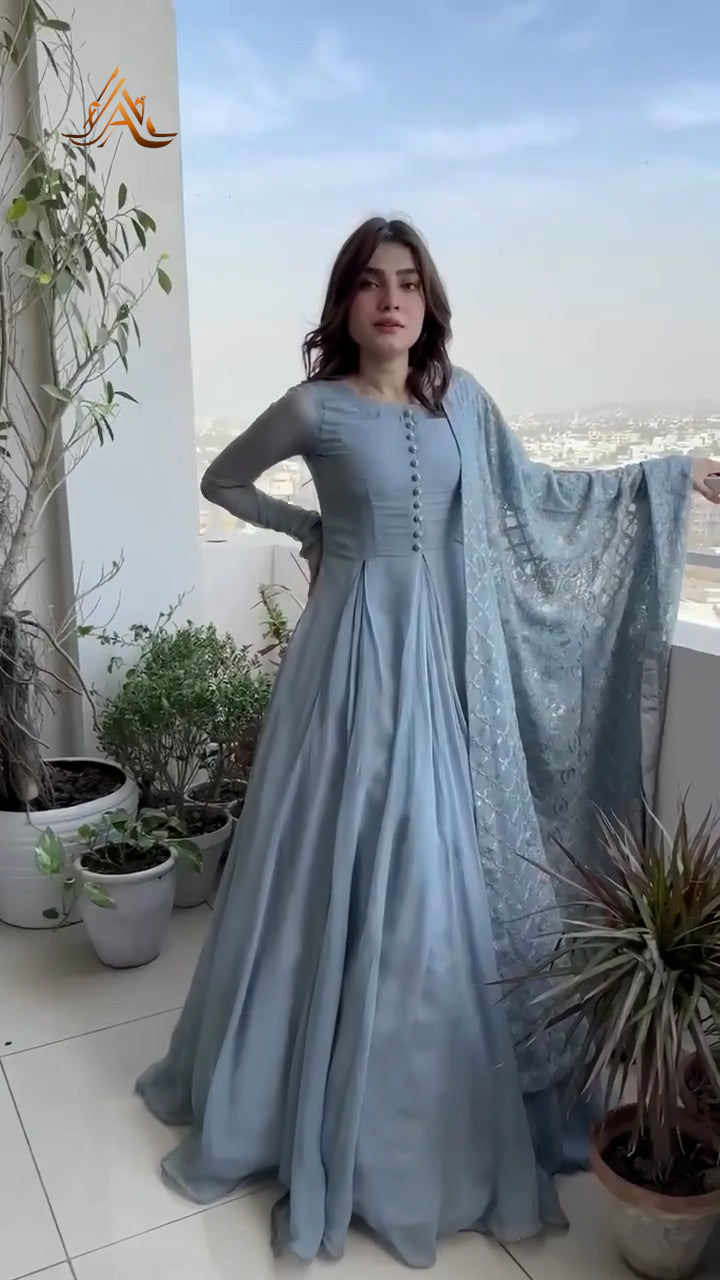 Elysia - Enchanting Gray Crinkle Chiffon with Kataan Silk Lining and Embroidered Dupatta