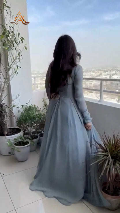 Elysia - Enchanting Gray Crinkle Chiffon with Kataan Silk Lining and Embroidered Dupatta