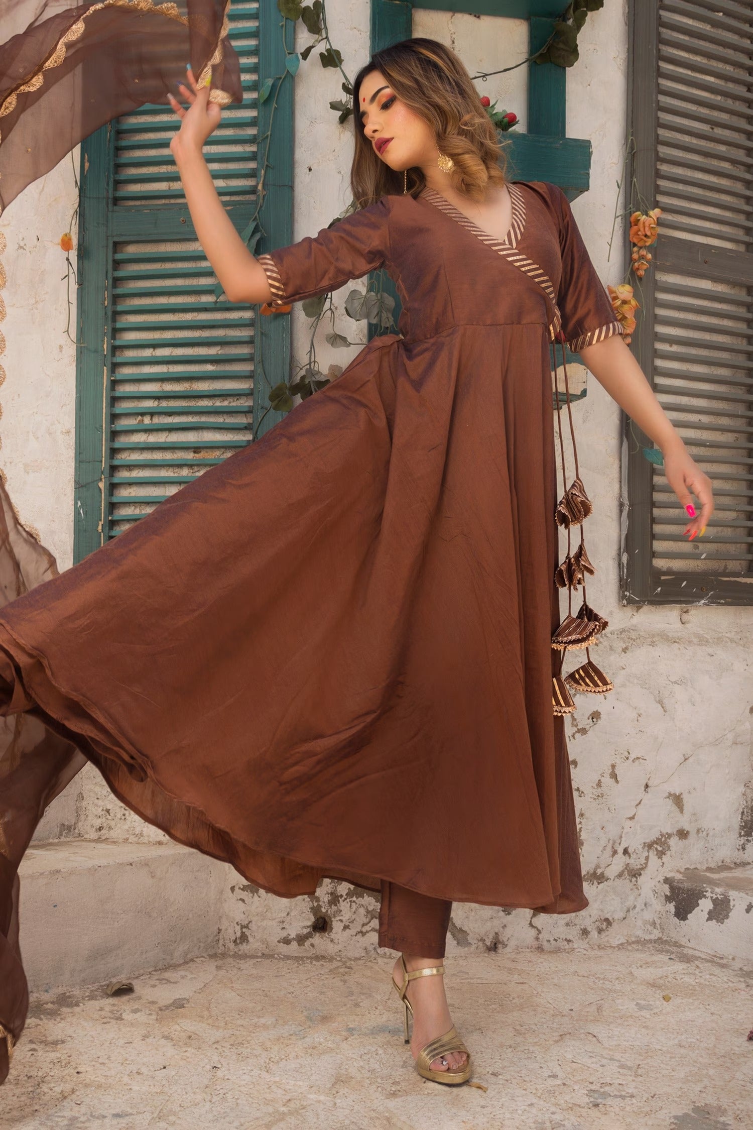 Brown Cotton Silk V-Neck Angarkha Set with Tassel Tie-Up, Pants & Organza Dupatta