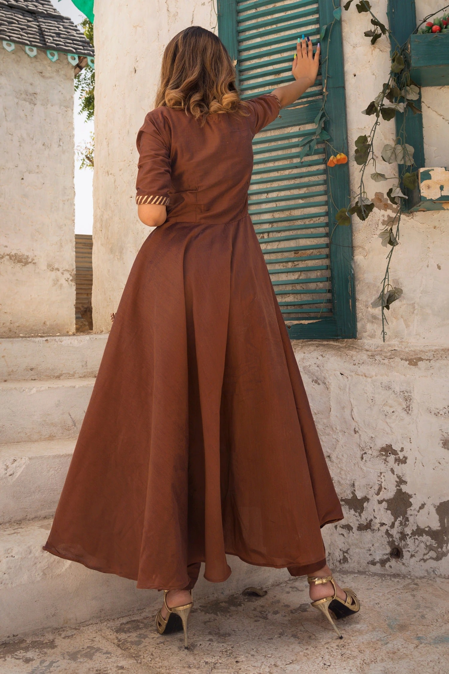 Brown Cotton Silk V-Neck Angarkha Set with Tassel Tie-Up, Pants & Organza Dupatta