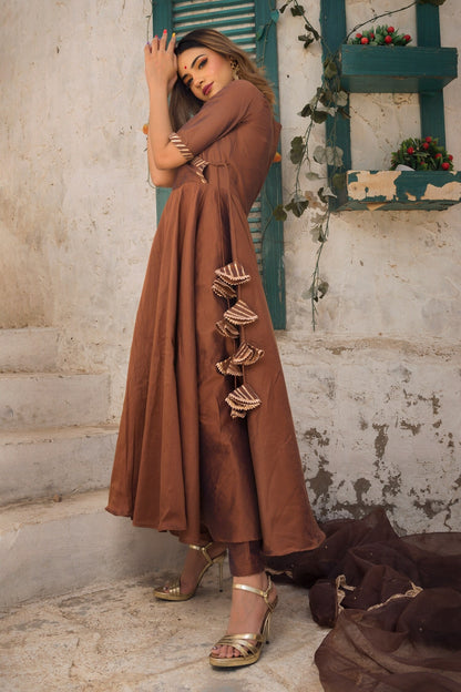 Brown Cotton Silk V-Neck Angarkha Set with Tassel Tie-Up, Pants & Organza Dupatta
