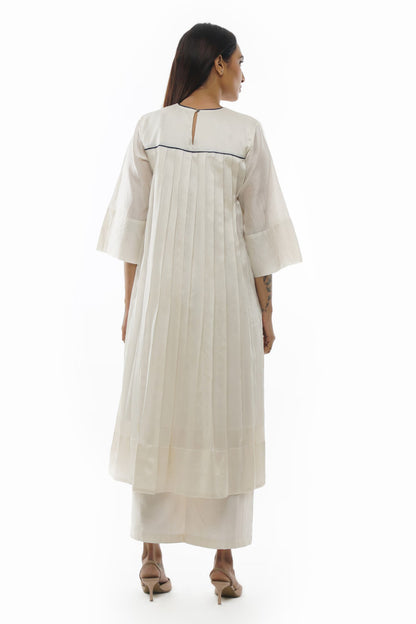 White Chanderi Cotton Silk Embroidered Tunic with Back Pleats & Matching Pants