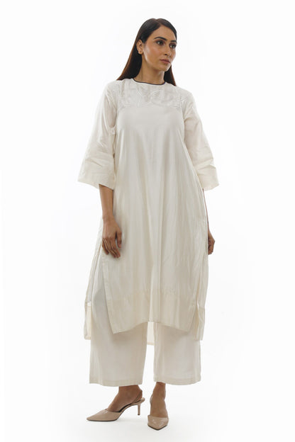 White Chanderi Cotton Silk Embroidered Tunic with Back Pleats & Matching Pants