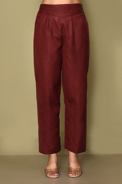 Maroon Cotton Solid V-Neck Kurta with Stand Collar & Matching Straight Pants