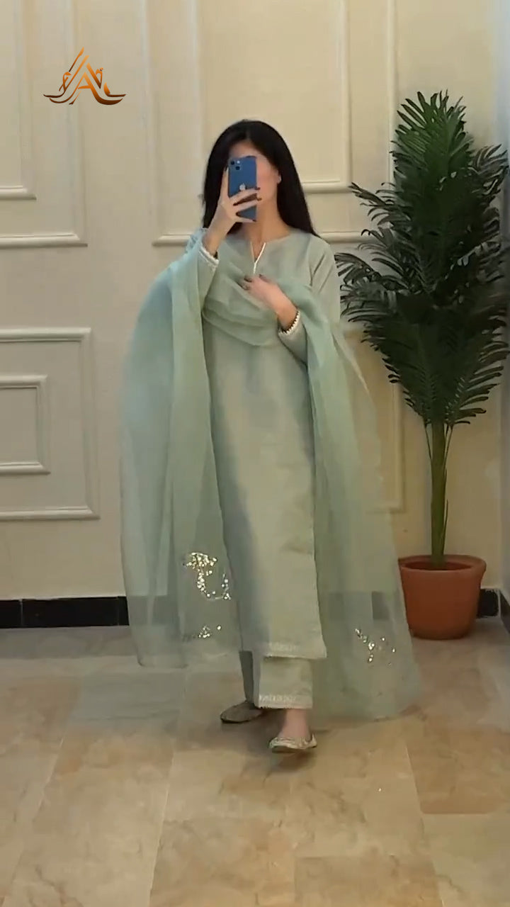 Aurelia - Light Green Organza with Sequin & Resham Embroidery