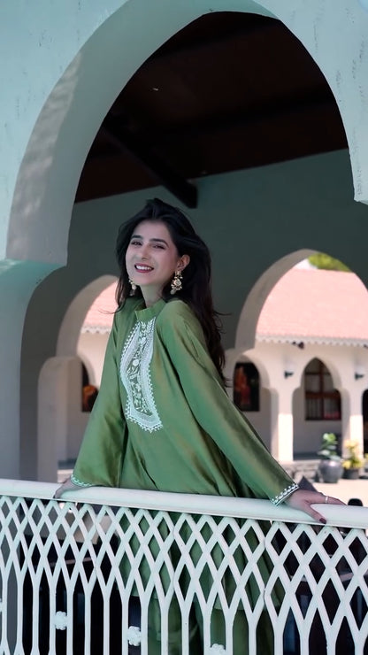 Liora - Timeless Grace in Olive Raw Silk with Exquisite Thread Embroidery (2PC)