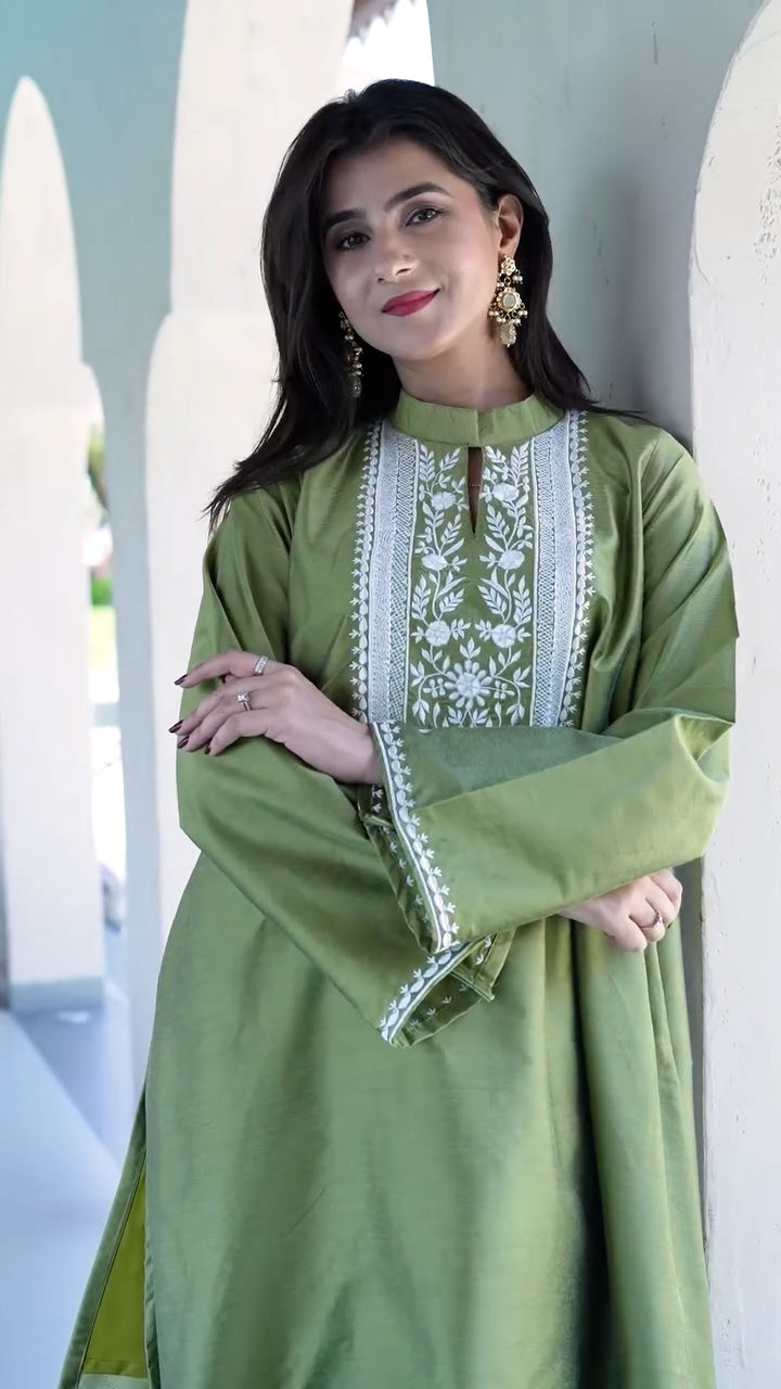 Liora - Timeless Grace in Olive Raw Silk with Exquisite Thread Embroidery (2PC)